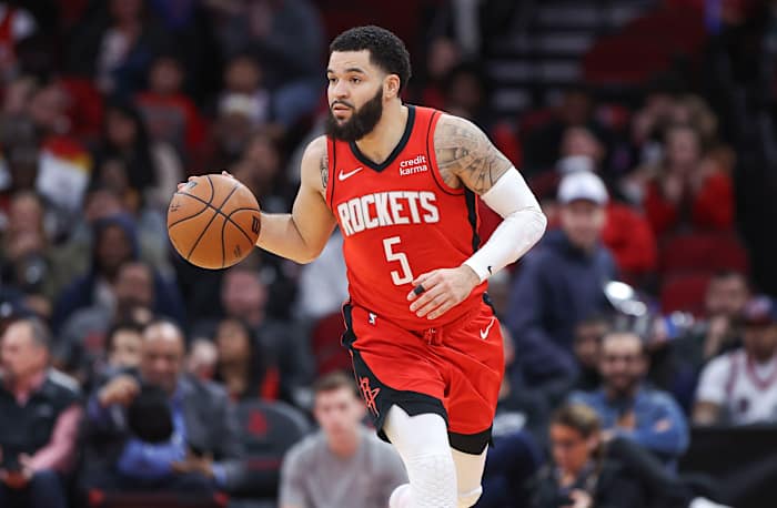 Rockets guard Fred VanVleet (5) controls the ball during the third quarter against the Detroit Pistons at Toyota Center.